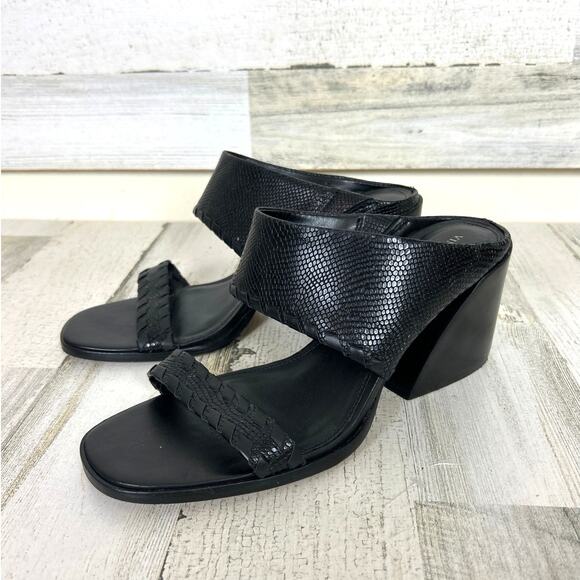 Vince Camuto Women’s 9.5 Kafinny Black Leather Flare block Heel Slip-On Sandals - Picture 1 of 8
